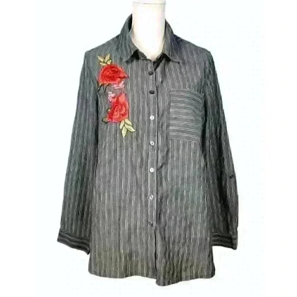 UNIQUE SPECTRUM Womans GRAY Blouse ROSES Applicate Lightweight Long Sleeve 1x 16